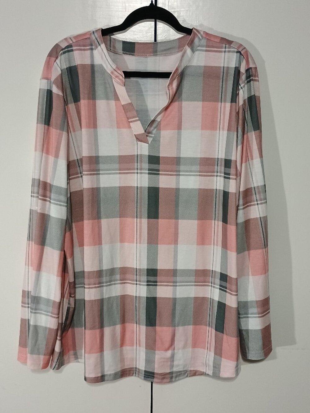 Soft Plaid Long Sleeve Tunic Top Pink Gray White Split Neck Lightweight Blouse - Picture 2 of 5